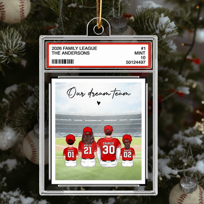 Baseball Family Sitting Couple & Kids Trading Card Style - Personalized Acrylic Ornament - Christmas Decor For Baseball Lovers