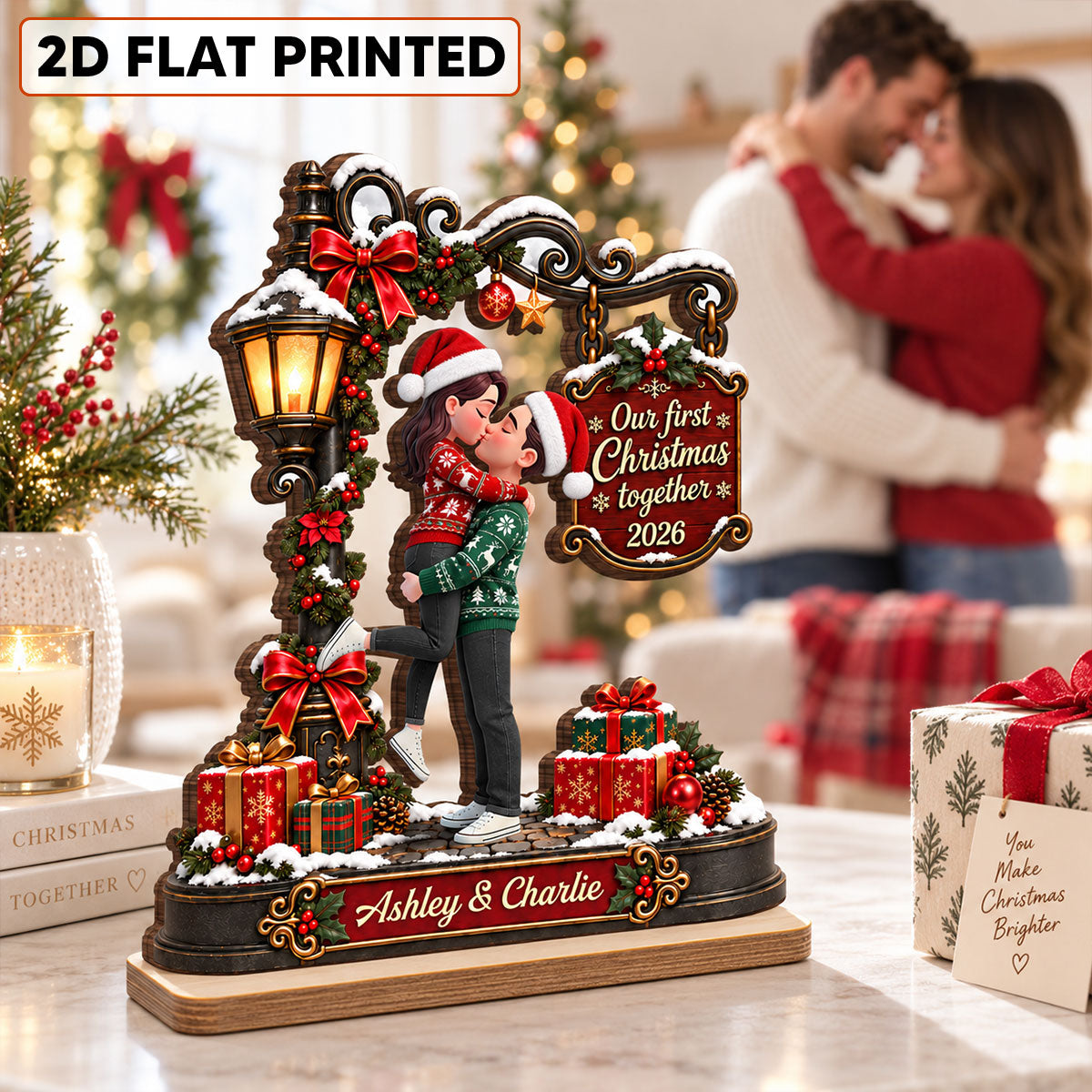 Eternal Love Couple Our First Christmas Together - Personalized 2-Layered Wooden Plaque - Christmas Gift, Anniversary Gift For Couple, For Him, For Her, Christmas Tabletop Decor