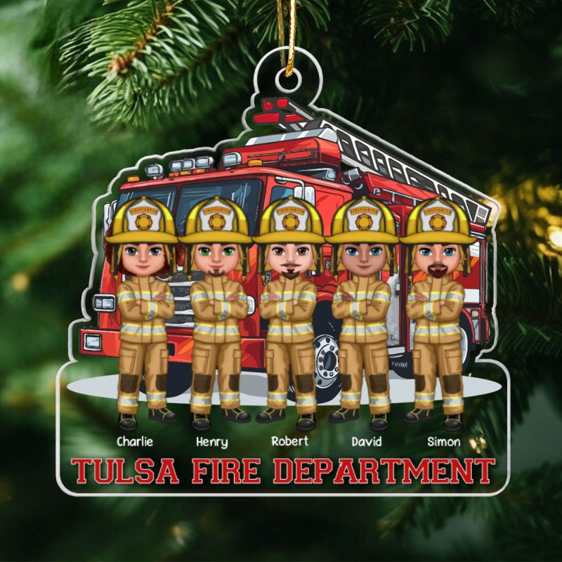 Firefighter Group Squad In Front Of Fire Truck Personalized Acrylic Ornament