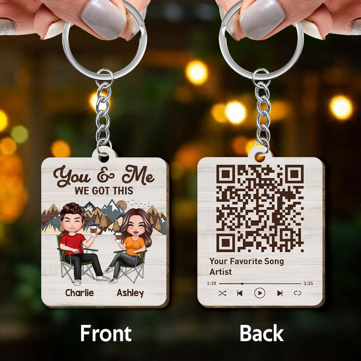 Doll Couple Sitting On Chair Favorite Song QR Code Mountain Layer Effect Personalized Wooden Keychain