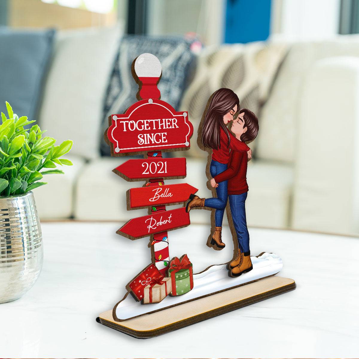 Christmas Couple Kissing Sign Personalized Standing Wooden Plaque