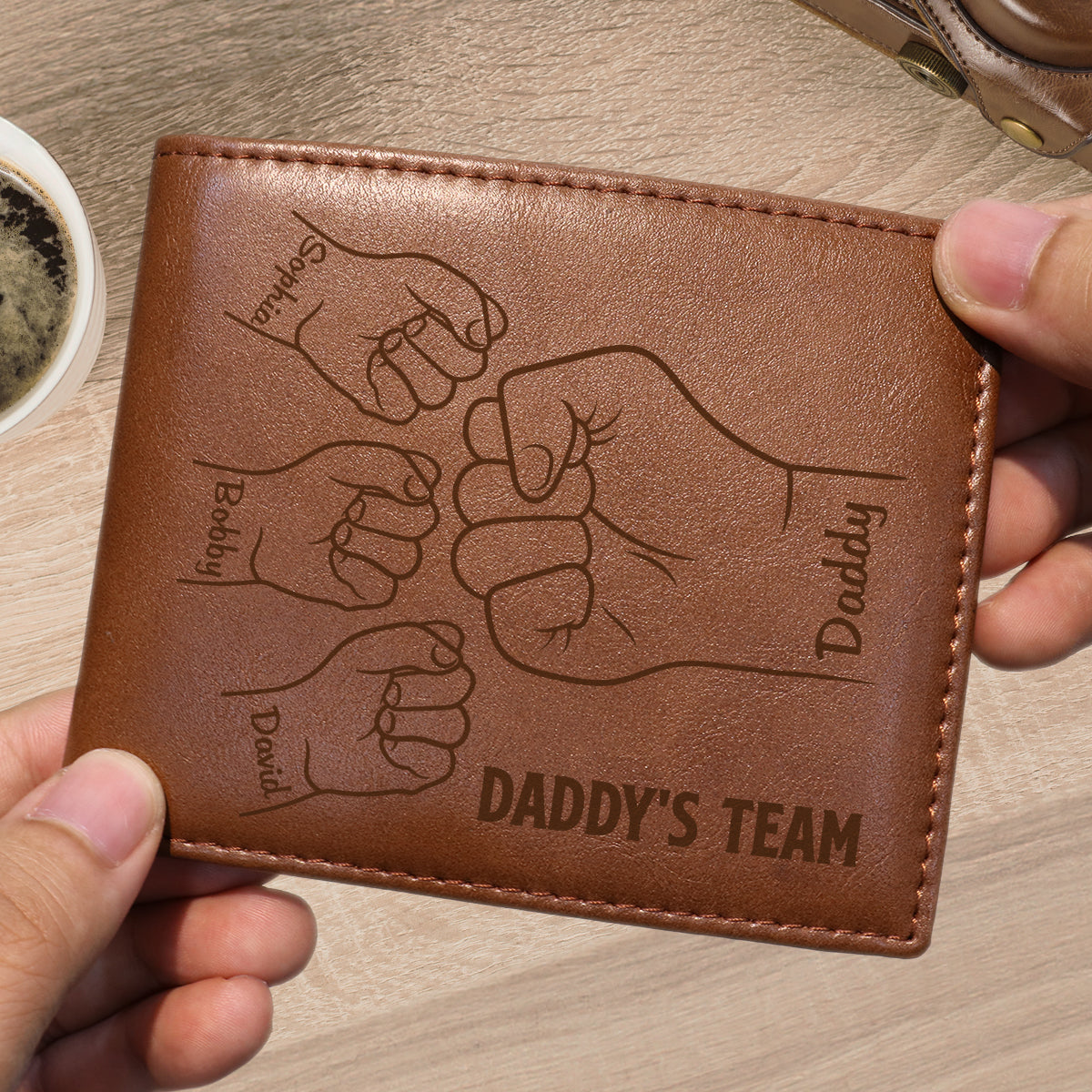 Daddy‘s Team Fist Bump Outline Personalized Printed Leather Wallet, Gift For Husband, Dad