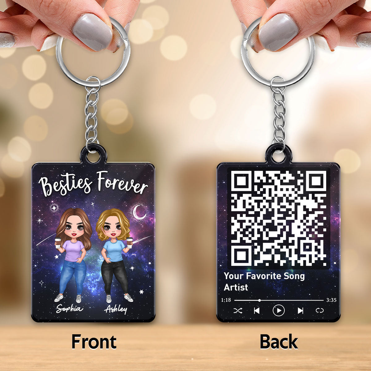Doll Besties In Galaxy Night Favorite Song Scannable QR Code Personalized Acrylic Keychain