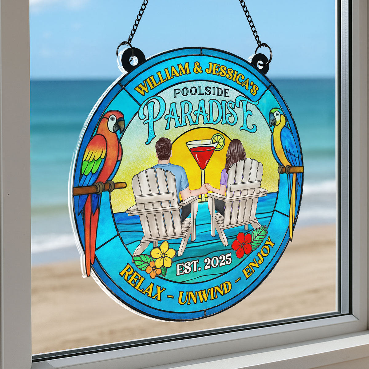 Couple Poolside Paradise Tropical Personalized Acrylic Suncatcher