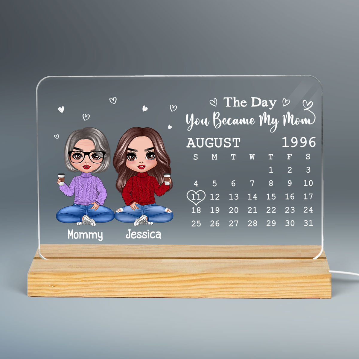 Doll Mother Daughter Son The Day You Became My Mom Calendar Date Mother‘s Day Gift For Mom Personalized Custom Shape LED Night Light