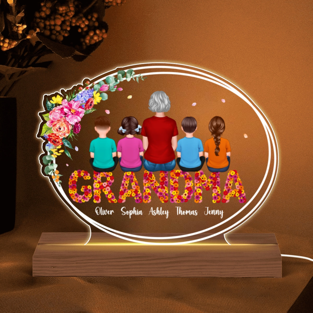 Floral Sitting Grandma With Grandchildren Personalized Custom Shape LED Night Light