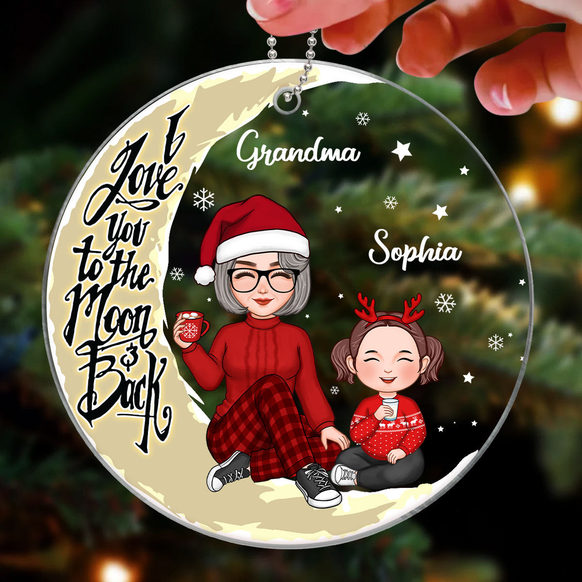 Cute Grandma & Grandkids On Yellow Moon Personalized Acrylic Ornament