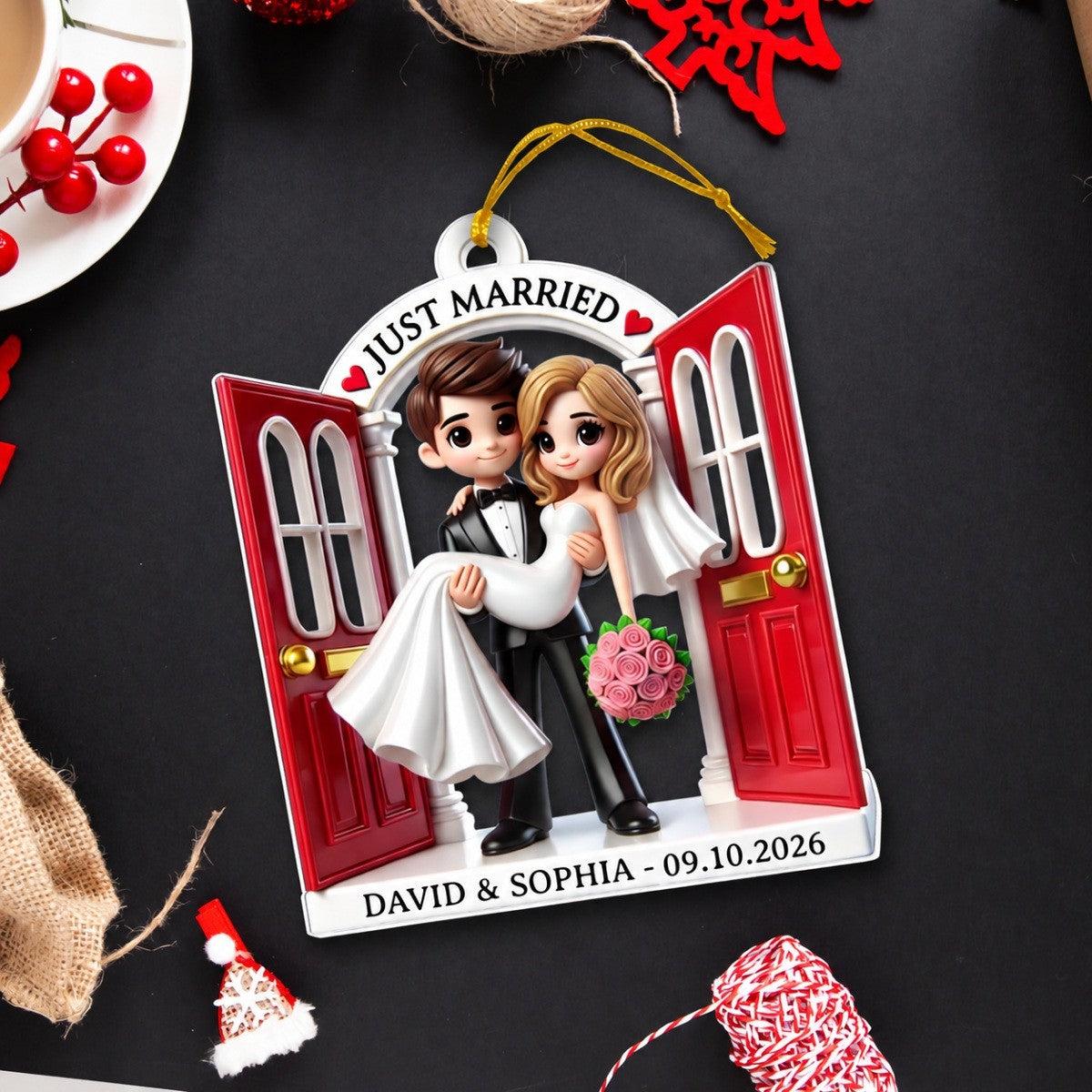 First Christmas Married Ornament 2026, Wedding Couple Threshold 3D Effect Acrylic Ornament, MR. & MRS. Gift