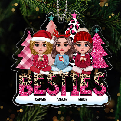 Pink Leopard Christmas Tree Doll Besties Sitting Personalized Acrylic Ornament