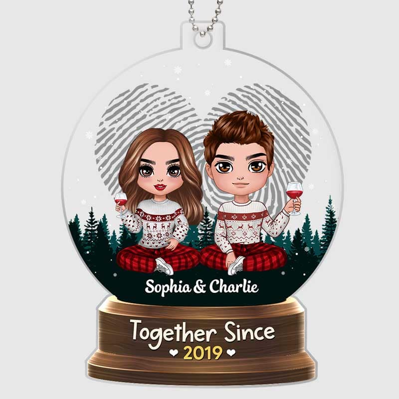 Doll Couple Sitting In Snow Globe Personalized Acrylic Ornament