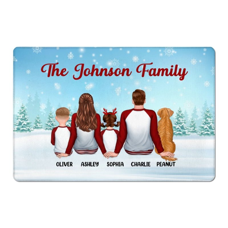 Christmas Pajamas Family In Snow Back View Personalized Doormat