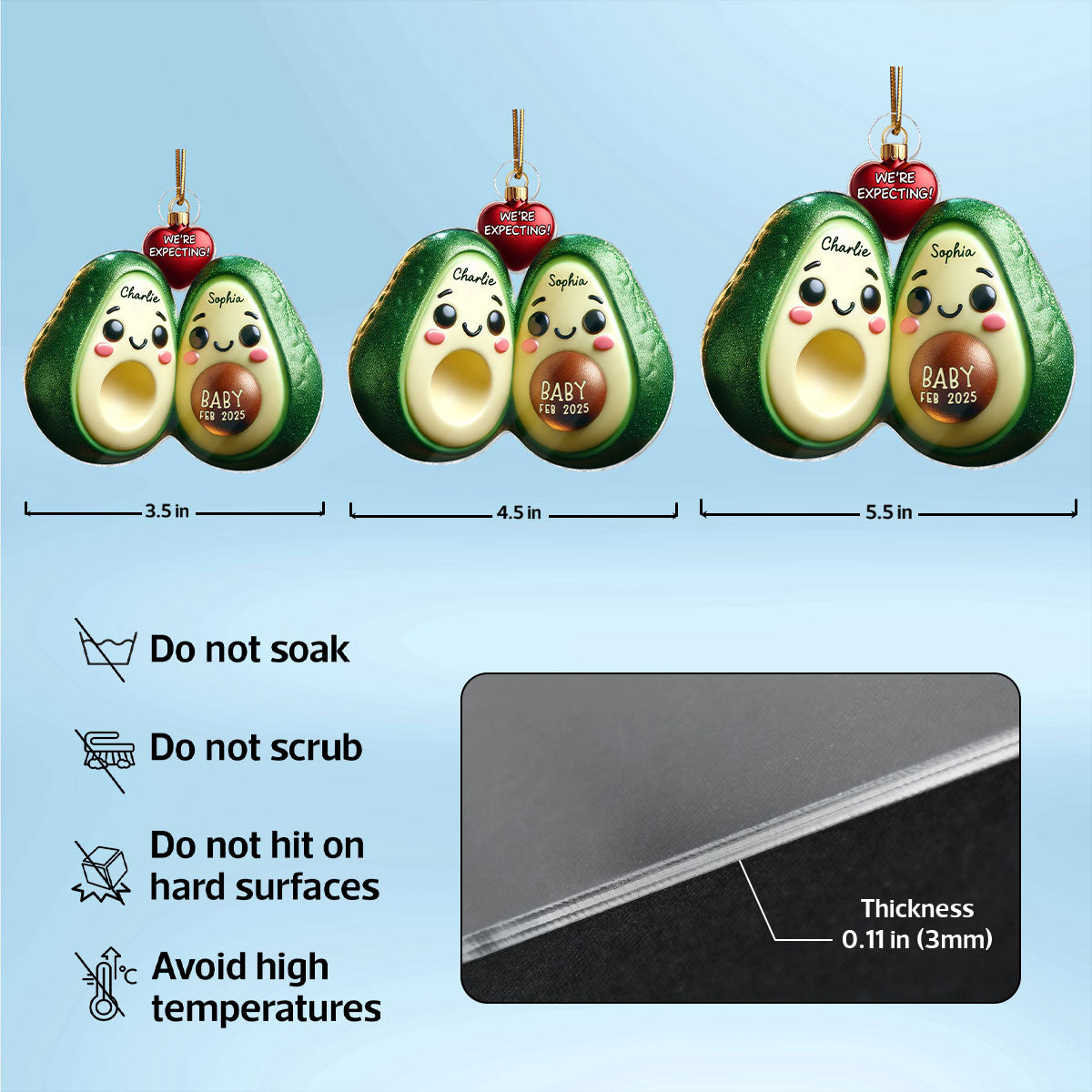 Avocado Couple Expecting Parents Pregnancy Announcement 3D Effect Keepsake Personalized Acrylic Ornament