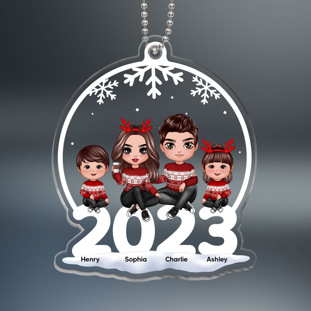 Doll Family Sitting On 2023 Snow Globe Shaped Personalized Acrylic Ornament