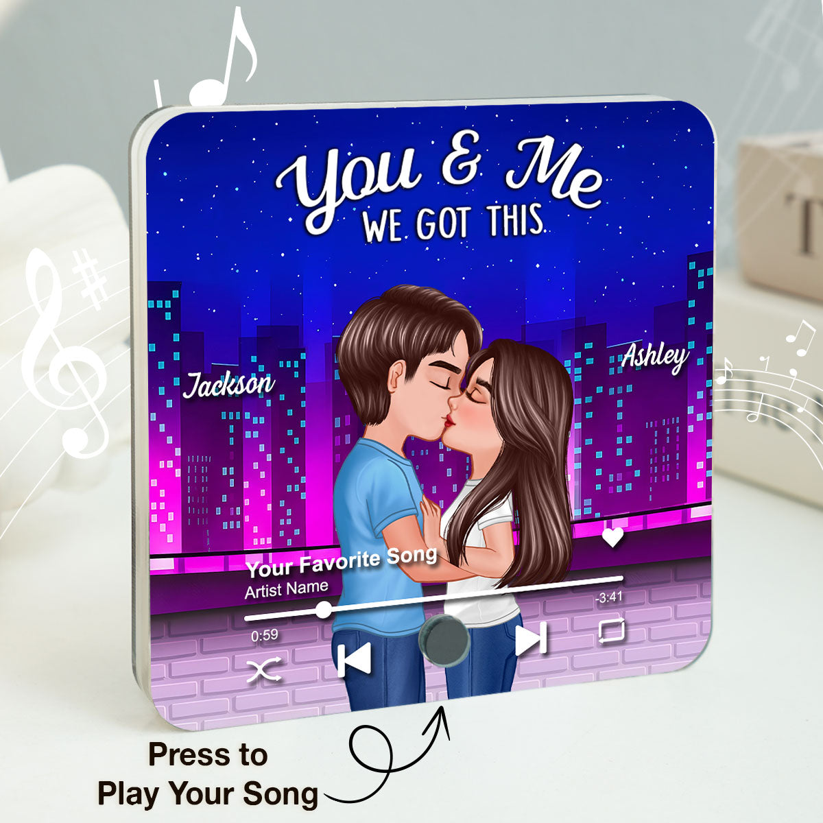 Couple Kissing Neon City Night Skyline Personalized Music Magnet, Anniversary gift for him, for her