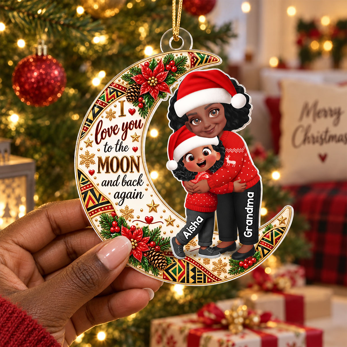 Tribal Pattern Christmas Grandma Grandkid Love You To The Moon And Back - Personalized Acrylic Ornament - Sentimental Meaningful Gift For Grandma, Grandkids, Grandsons, Granddaughters