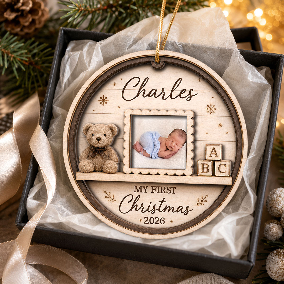 Baby's First Christmas Custom Photo Mini Nursery Shelf - Personalized 2-Layered Wooden Ornament - Baby's 1st Christmas Keepsake