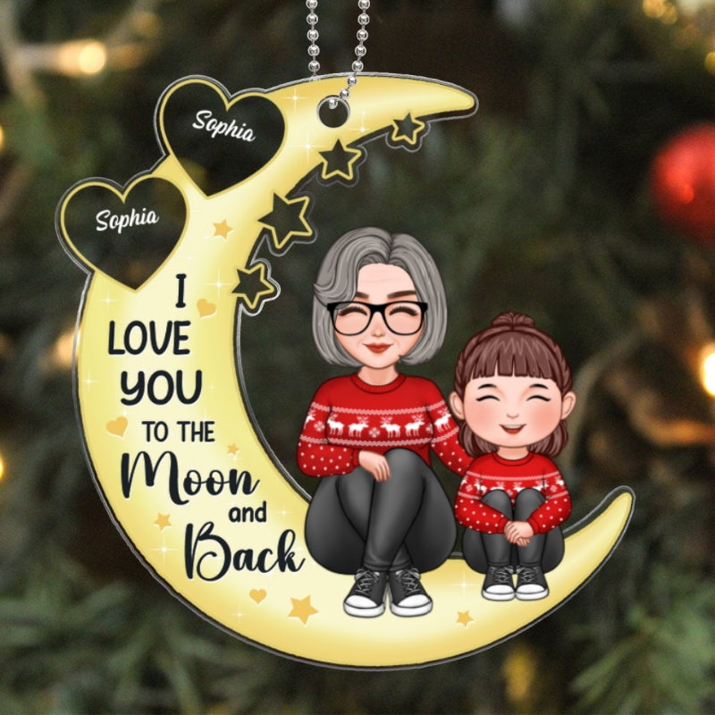 Yellow Moon Cute Grandma Grandkid Sitting Hugging Knees To Chest Love You To the Moon And Back Personalized Acrylic Ornament