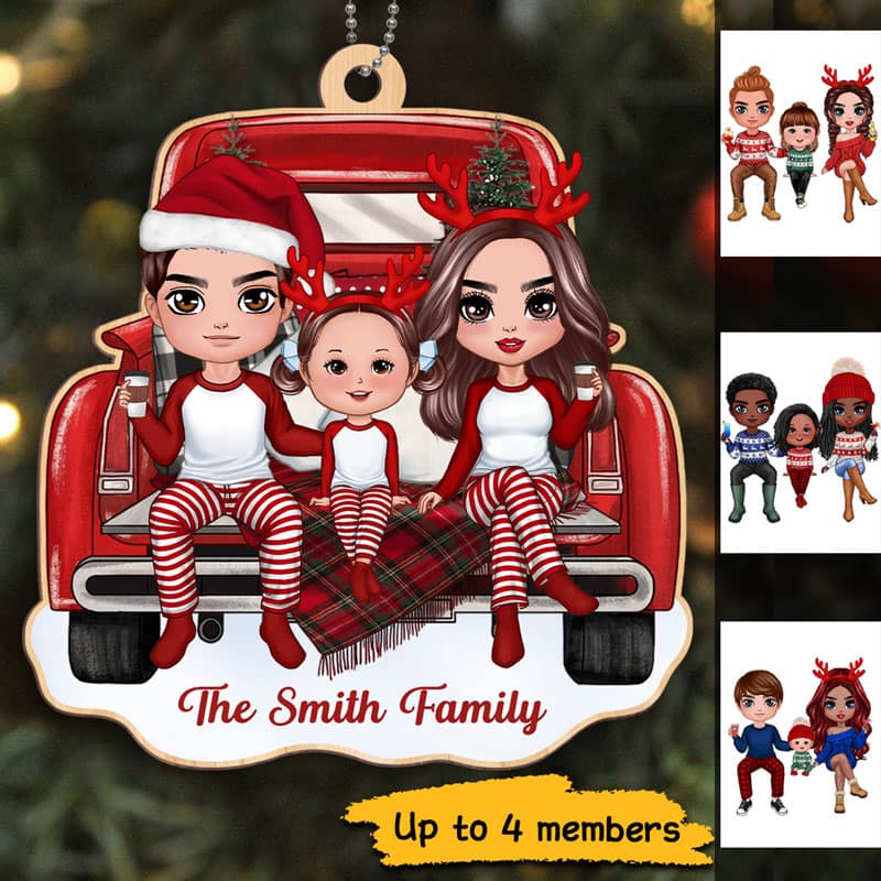 Christmas Doll Family Red Truck Back View Personalized Wooden Ornament