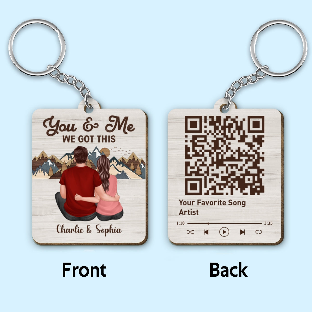 Back View Couple Sitting Hugging Favorite Song QR Code Mountain Layer Effect Personalized Wooden Keychain