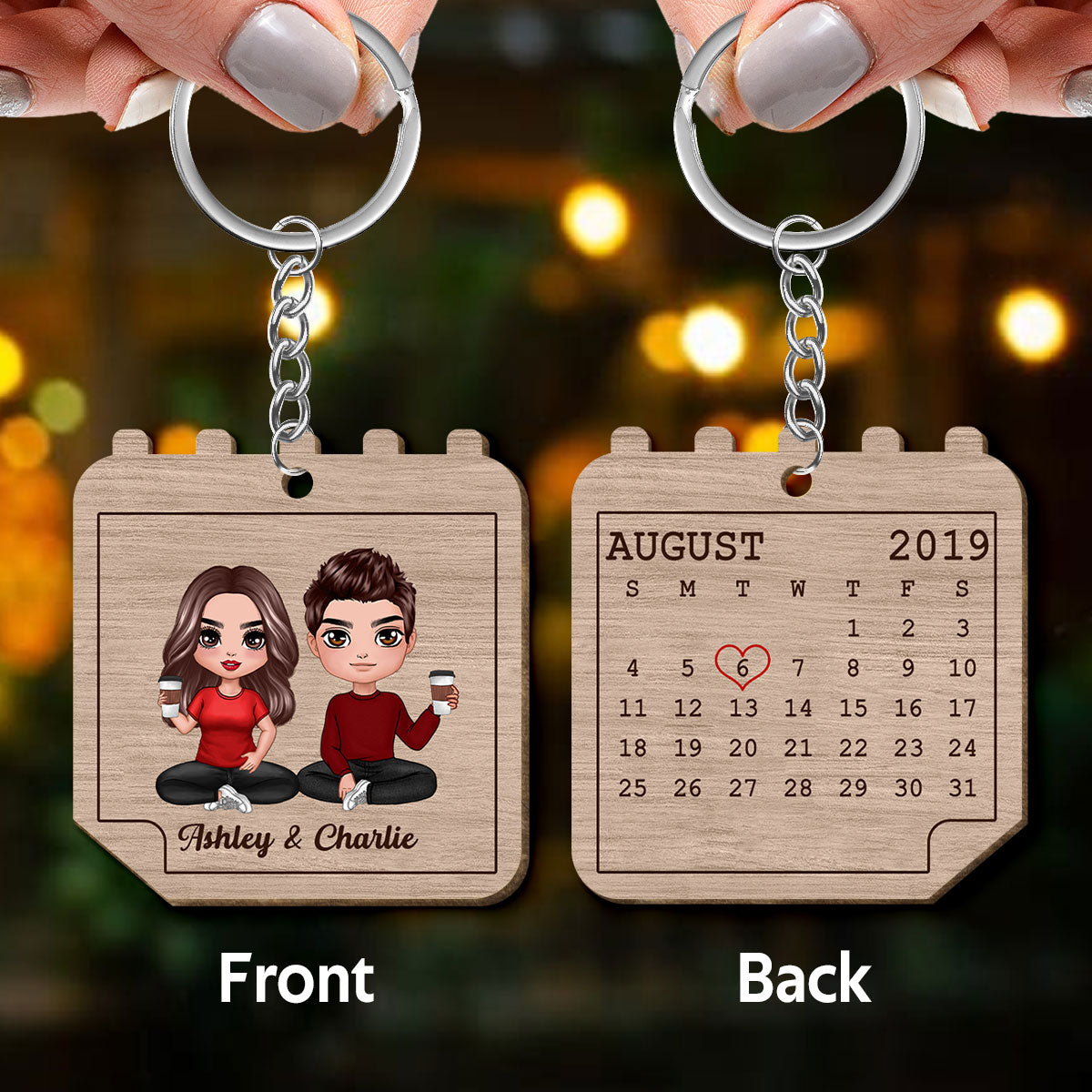 Doll Couple Sitting Calendar Shape Anniversary Date Personalized Wooden Keychain