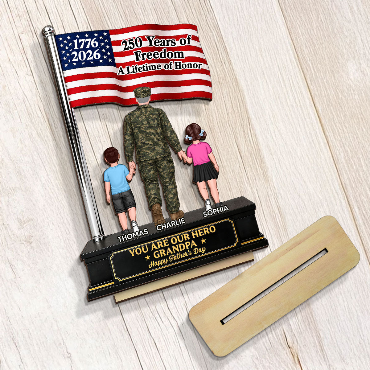 Proud American Army Military Veteran Grandpa Dad America 250th Anniversary - Personalized 2-Layered Wooden Plaque - Father's Day Gift For Dad, Grandpa Husband