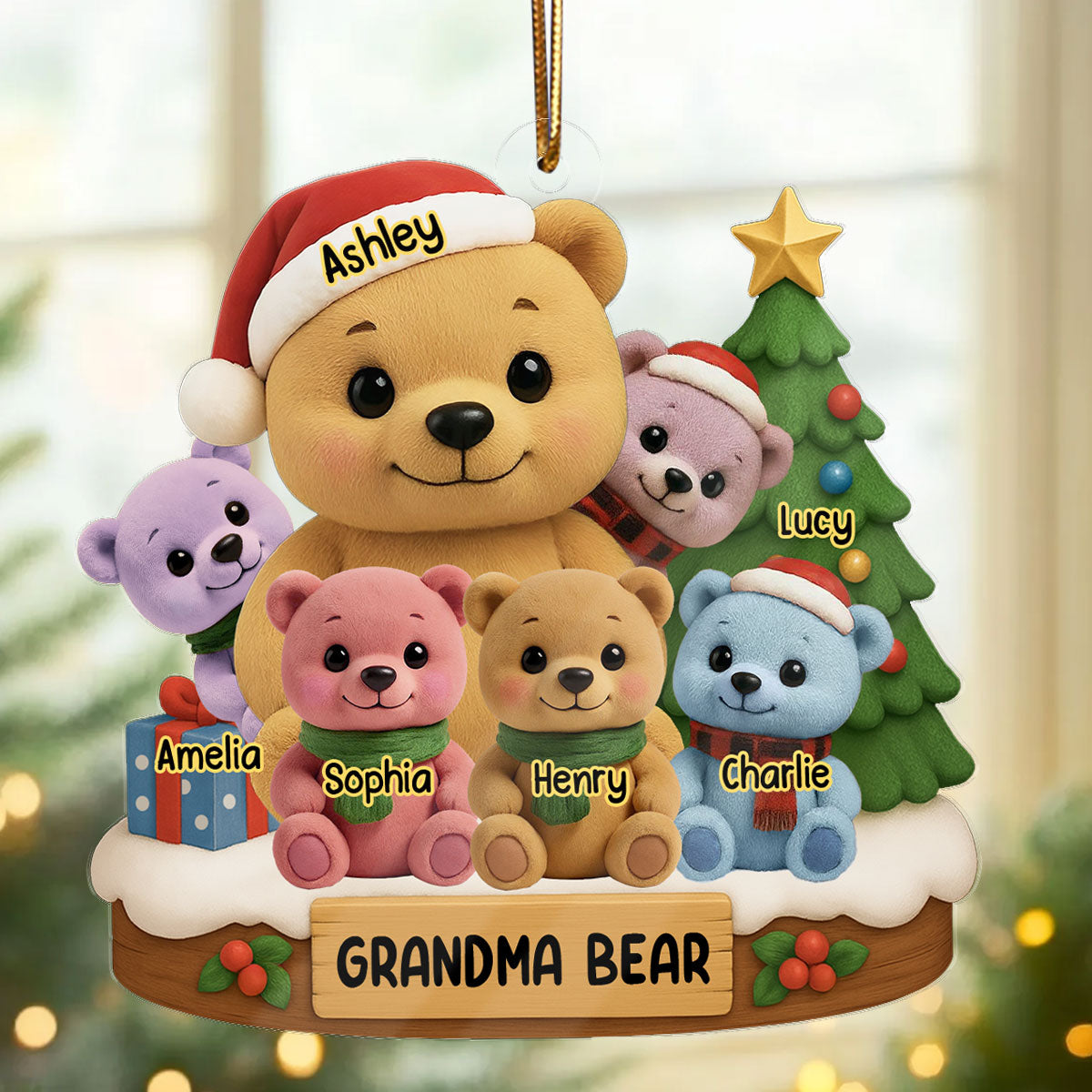 Grandma Bear Sitting with Grandkids Personalized Acrylic Ornament, Christmas Gift for Grandma