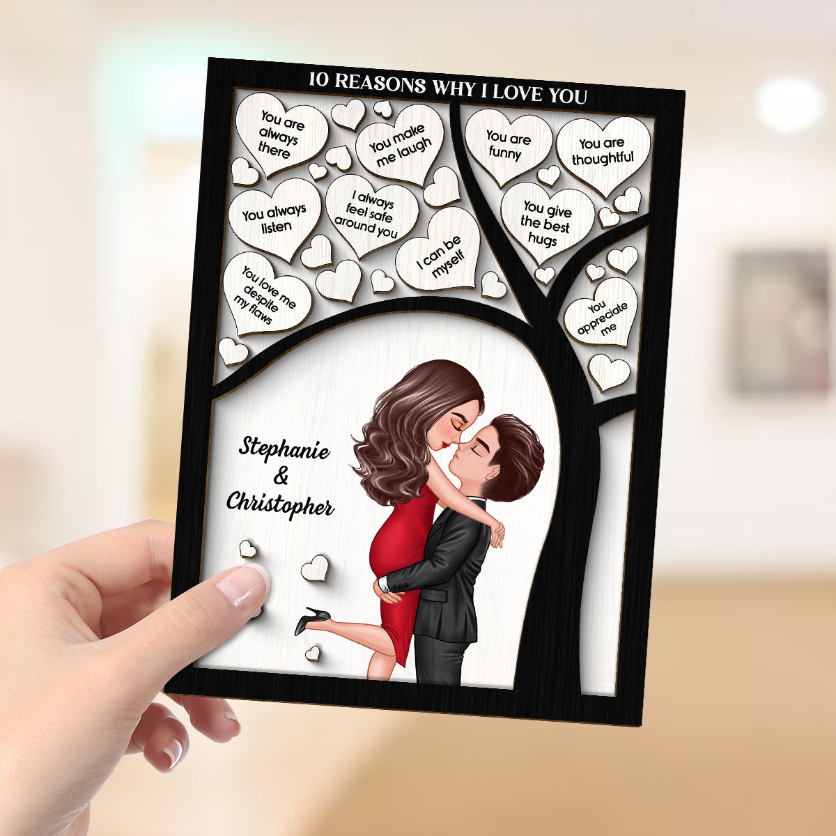 Reasons I Love You Couple Under Tree Hearts Personalized 2-layer Wooden Plaque