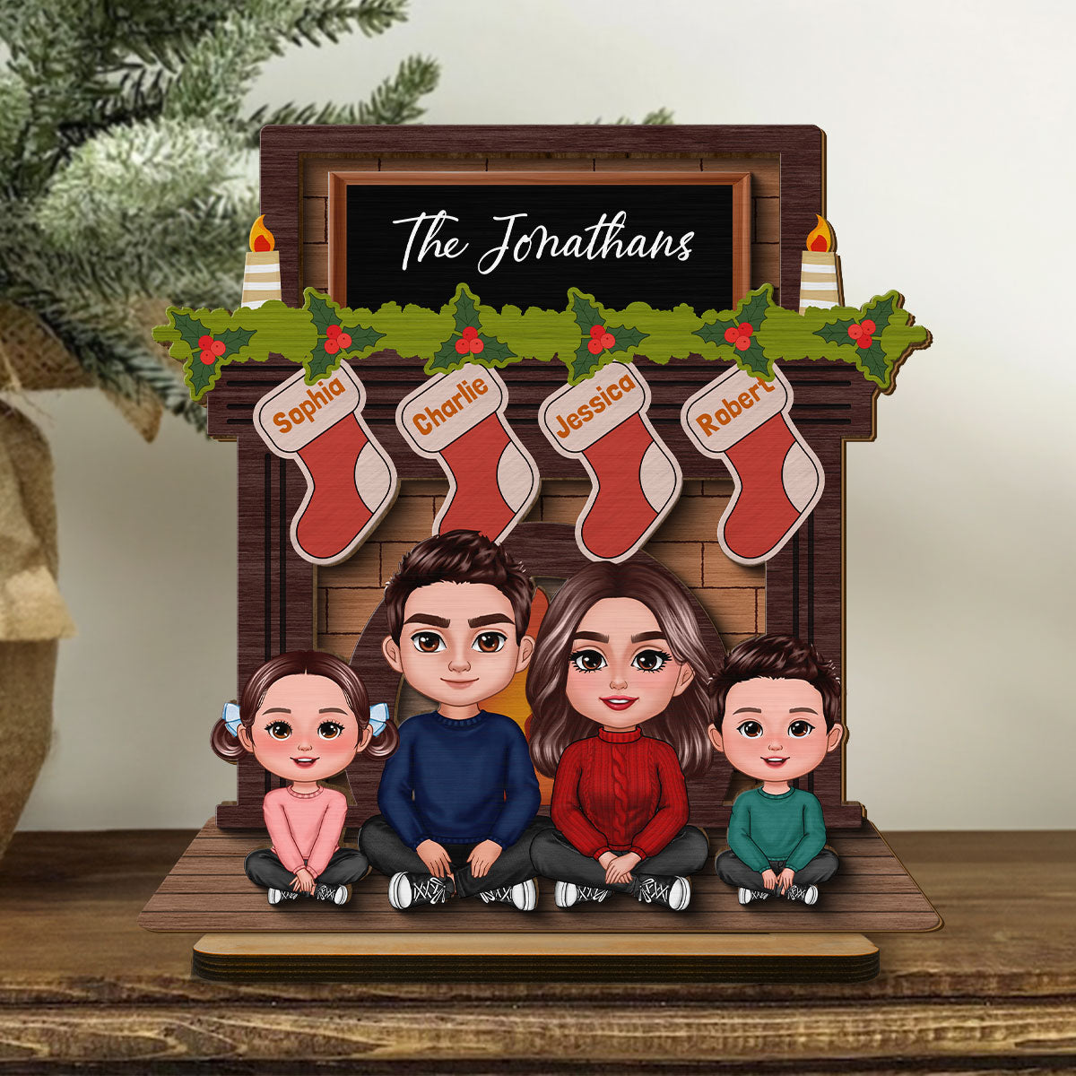 Whole Family Sitting At Christmas Fireplace Personalized 2-Layer Standing Wooden Plaque