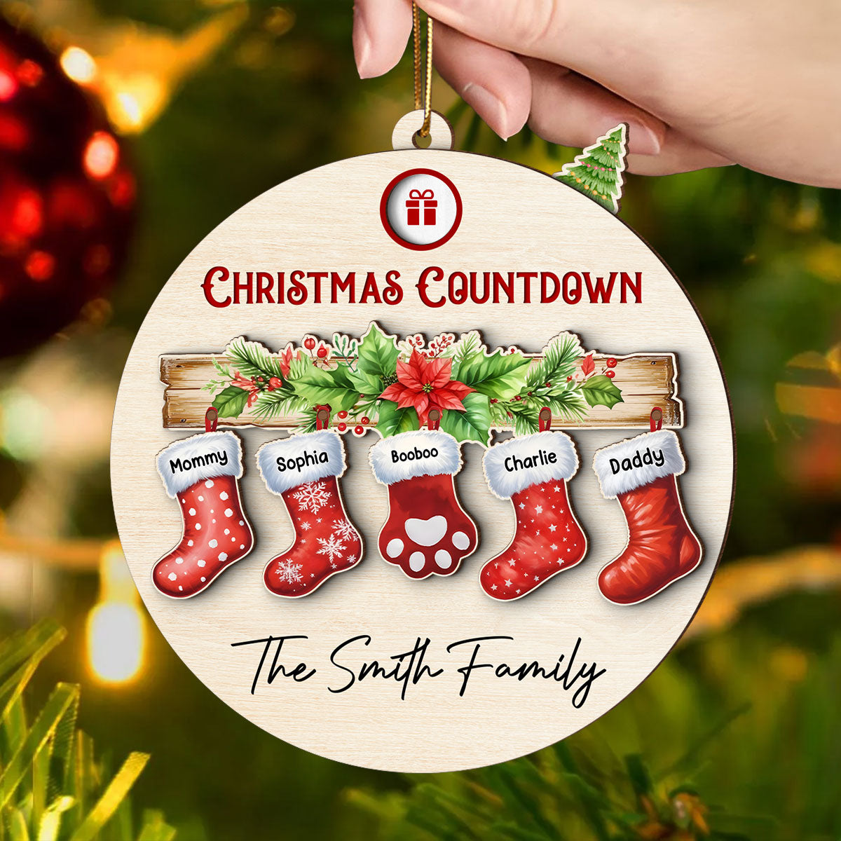 Family With Pet Christmas Socks Countdown Ornament, Personalized Family Countdown Ornament