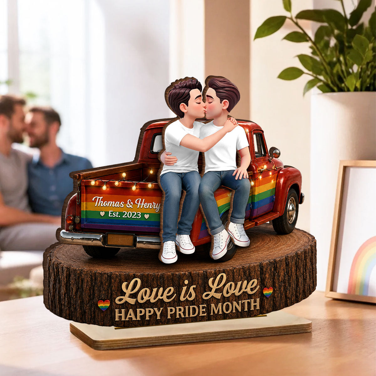 LGBT+ Couple Truck Love Is Love - Personalized 2-Layered Wooden Plaque - Gift For Couple, Happy Pride Month
