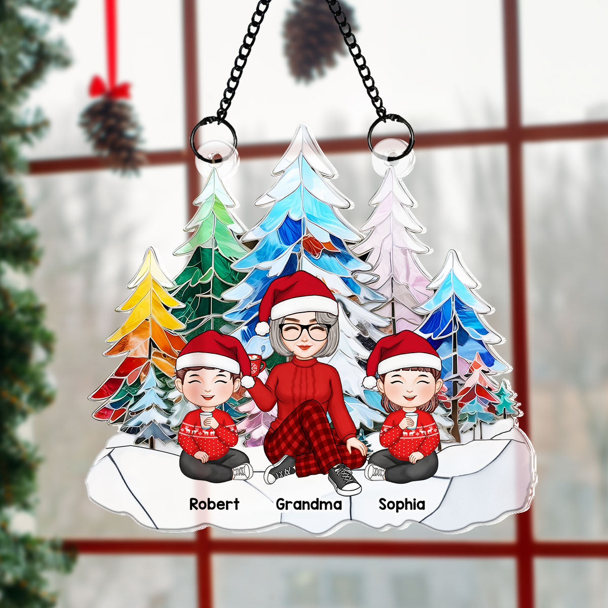 Grandma Grandkids Colorful Christmas Tree Stained Glass Personalized Suncatcher