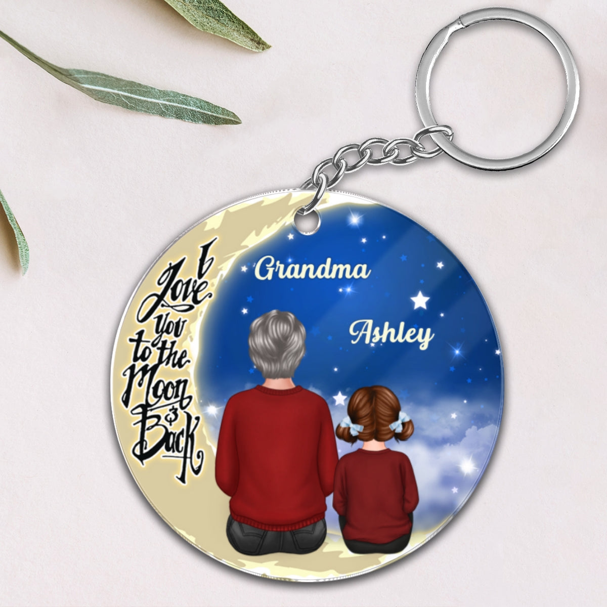 Grandma Grandkids On Moon Personalized Circle Acrylic Keychain - Gift For Grandma