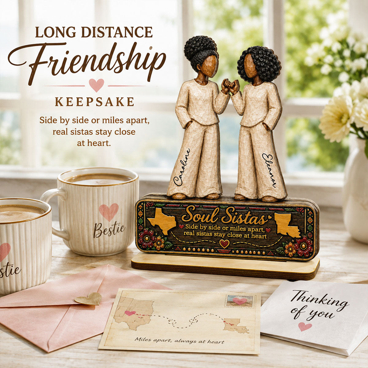 Long Distance Soul Sistas Pinky Promise 2D Flat - Personalized 2-Layered Wooden Plaque - Long Distance Friendship Keepsake