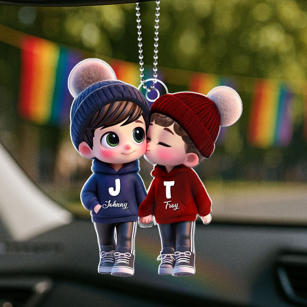 Personalized 3D Cartoon Gay Couple Car Ornament – Cute Acrylic Gift for Pride Month
