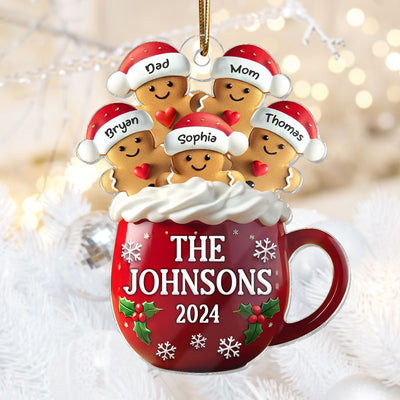 3D Effect Gingerbread Family In Hot Cocoa Christmas Decor Personalized Acrylic Ornament