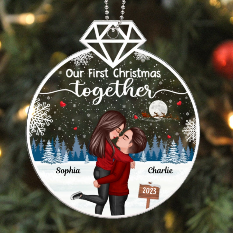 Our First Christmas Ring Shape Doll Couple Hugging Kissing Personalized Acrylic Ornament