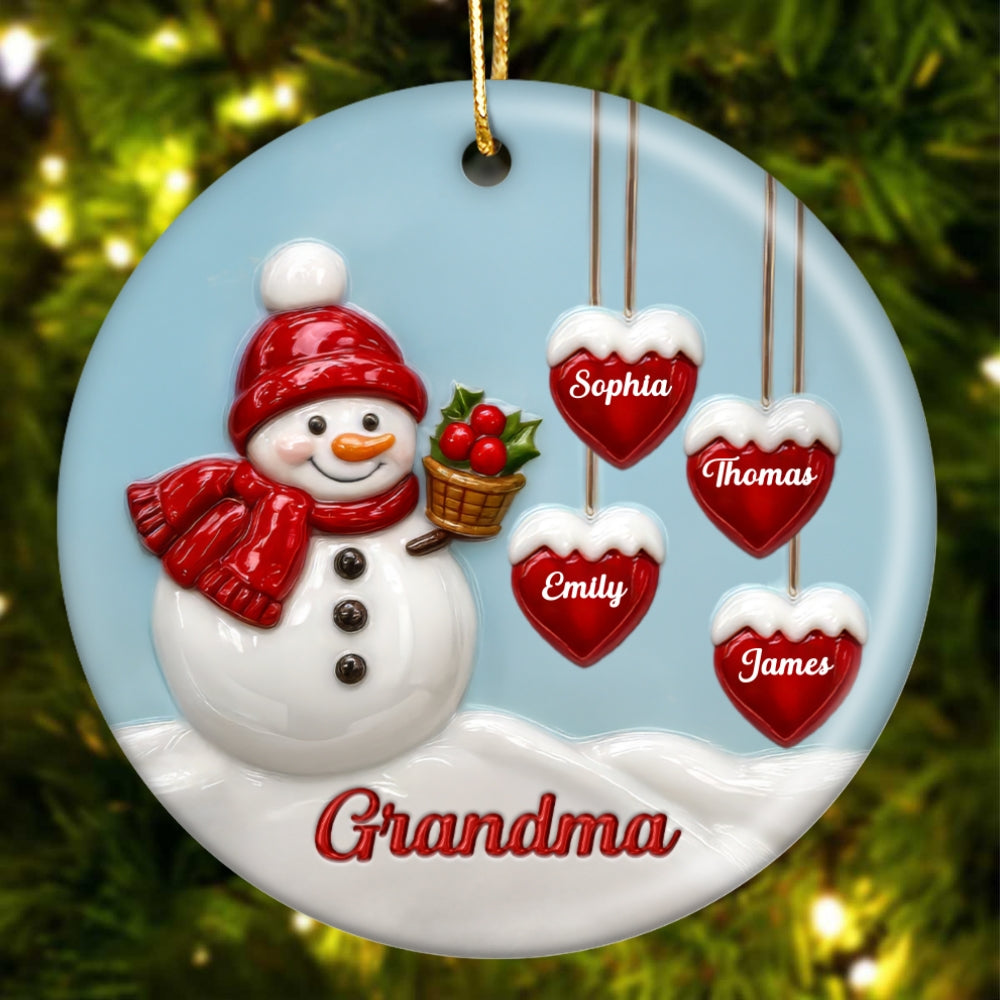 3D Effect Grandma Snowman - Personalized Ceramic Ornament - Christmas Decor For Grandma