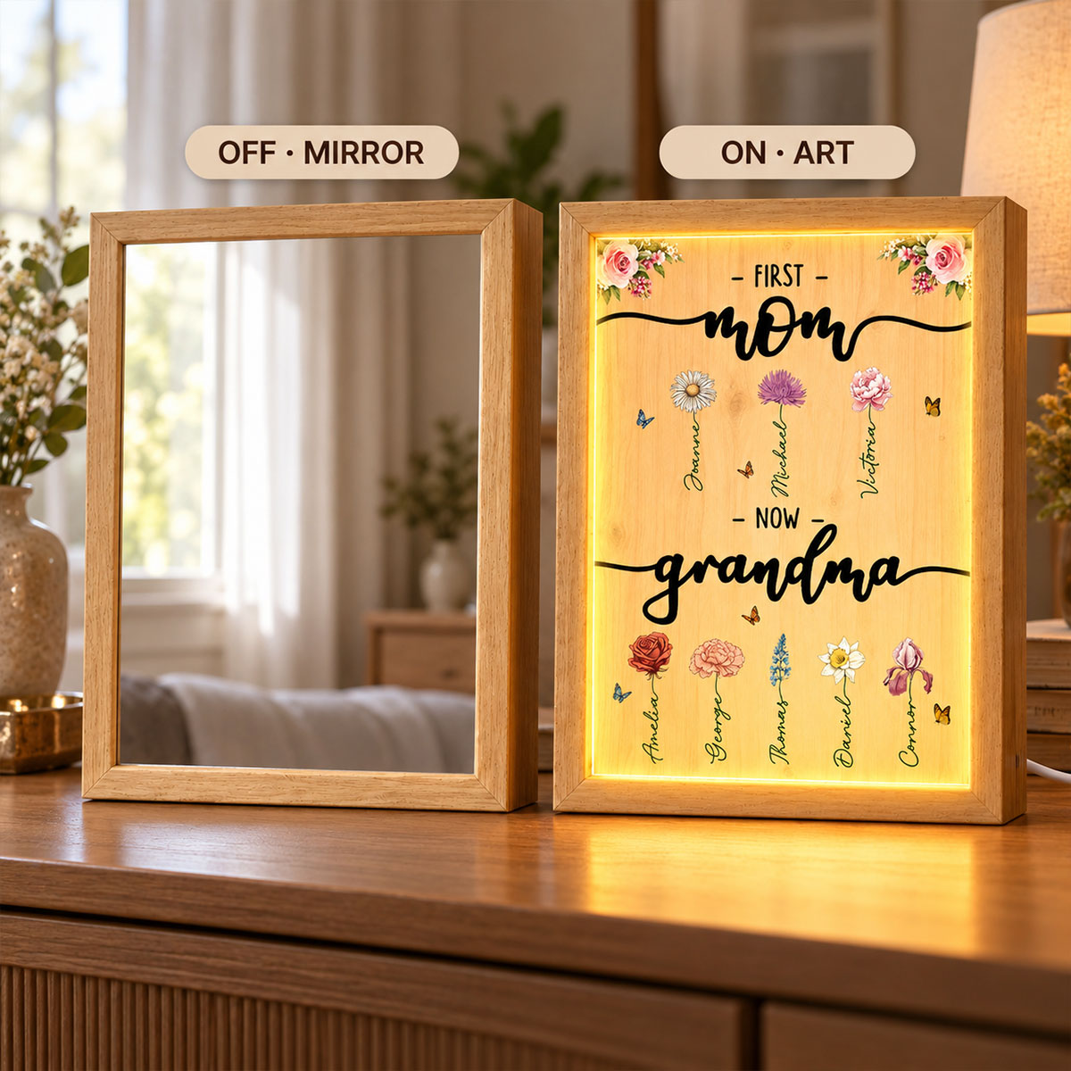 First Mom Now Grandma Custom Birth Month Flower - Personalized Mirror Light Box - Heartfelt Christmas Gift for Mom, Wife, Grandma