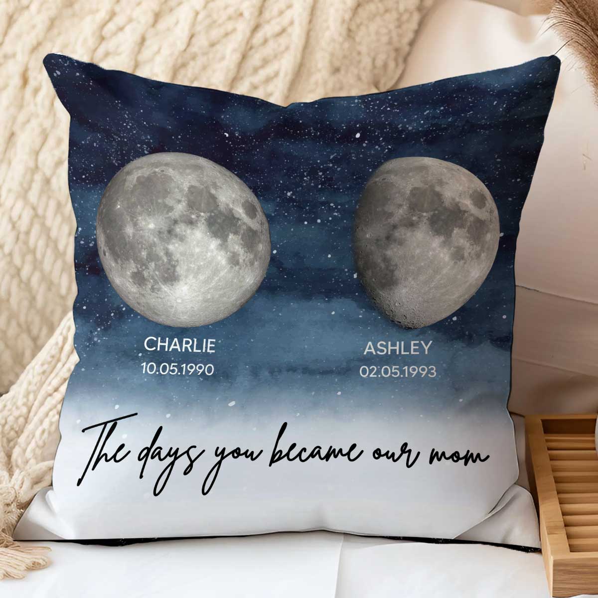 Starry Night Custom Birthday Moon Phase The Day You Became Mom Personalized Pillow, Gift