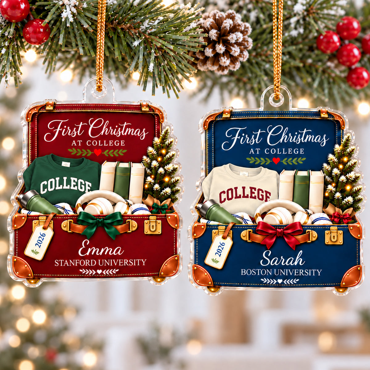 First Christmas at College Suitcase 2D Flat - Personalized Acrylic Ornament – Custom Name & School Christmas Gift for College Freshman