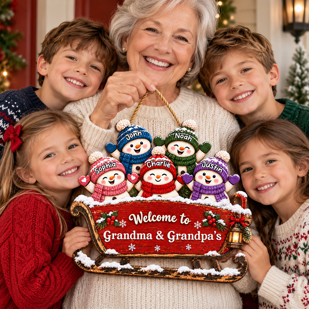 Grandkids Snowman On Sleigh 2D Flat Printed - Personalized Wood Sign - Christmas Decor For Grandparents