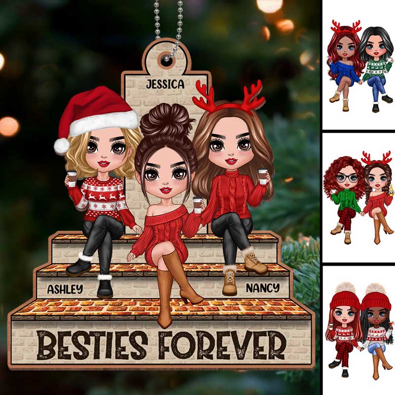 Doll Sisters Besties Sitting On Brick Stair Personalized Wooden Ornament