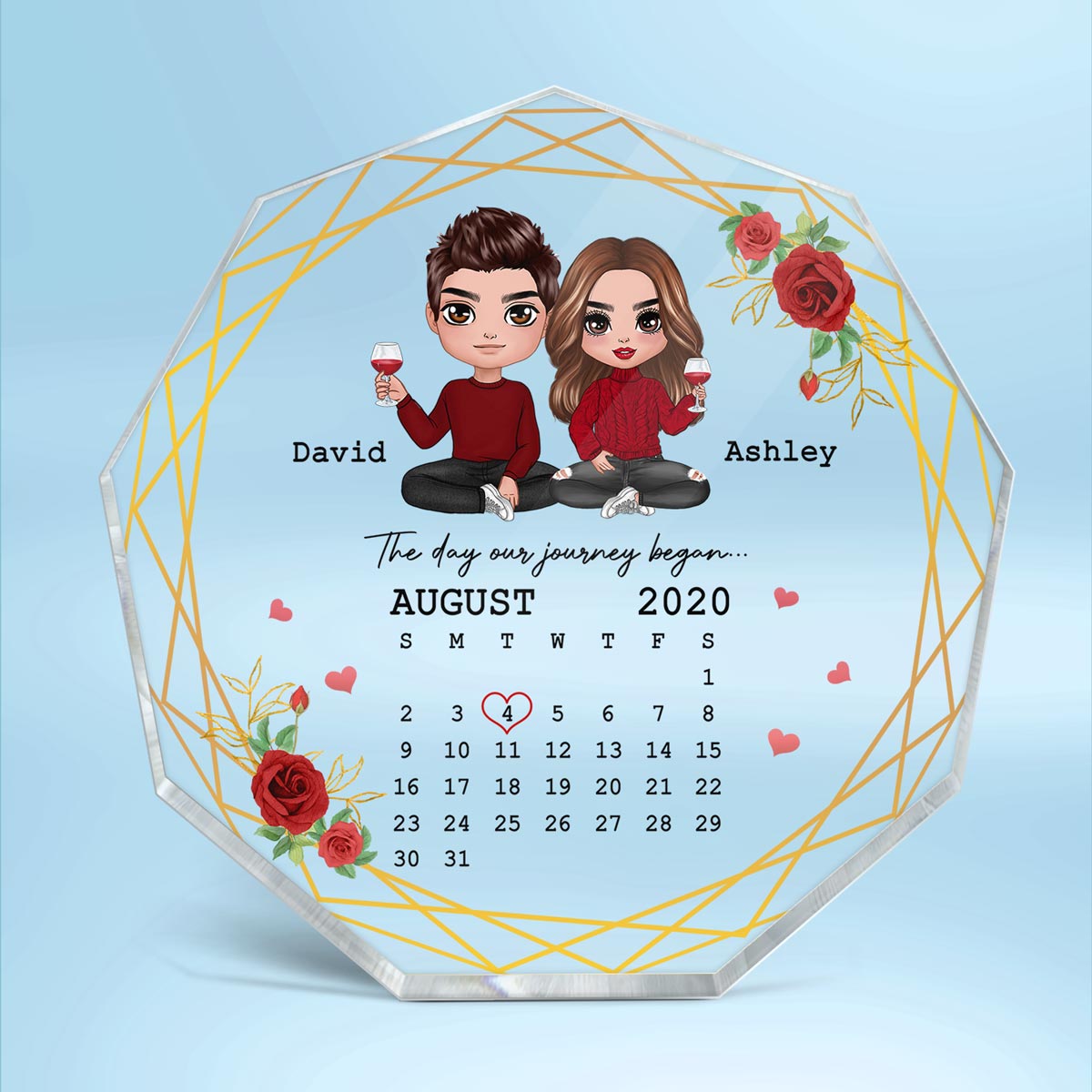 Flower Frame Doll Couple Sitting Calendar Personalized Nonagon Acrylic Plaque - Gift For Him Gift For Her