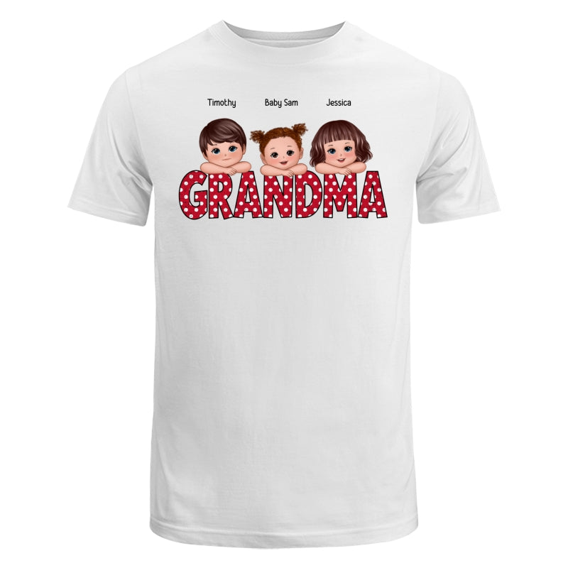 Polka Dot Grandma Cute Grandkids Laying Head On Arms Personalized Shirt