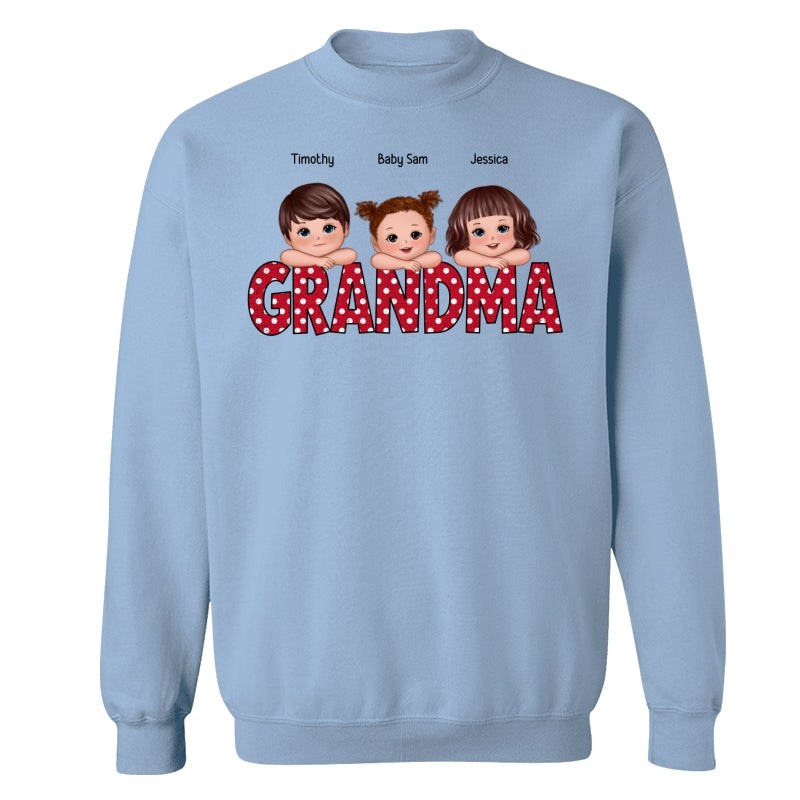 Polka Dot Grandma Cute Grandkids Laying Head On Arms Personalized Shirt