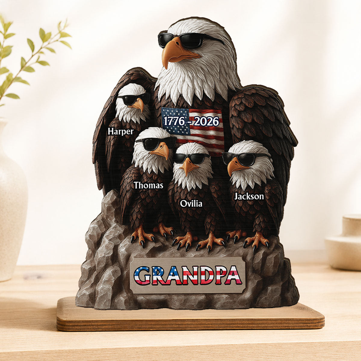 America 250th Anniversary Patriotic Eagle Grandpa Dad & Kids - Personalized 2-Layered Wooden Plaque - Father's Day Gift, 250th Anniversary Gift, Keepsake For Grandpa, Dad