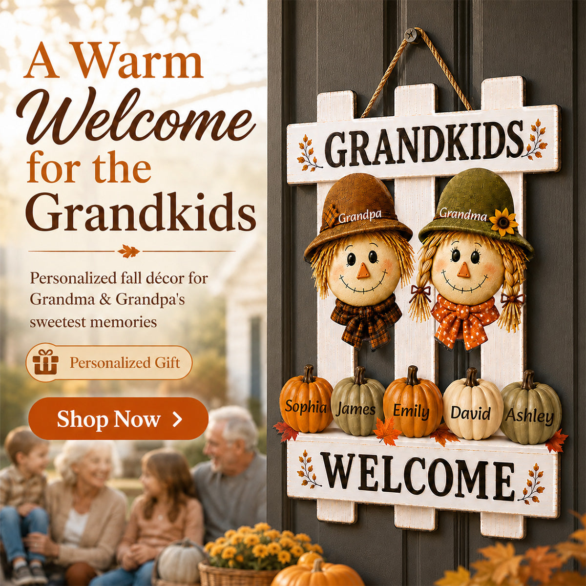 Scarecrow Grandparents Welcome Grandkids 2D Flat - Personalized Wood Sign