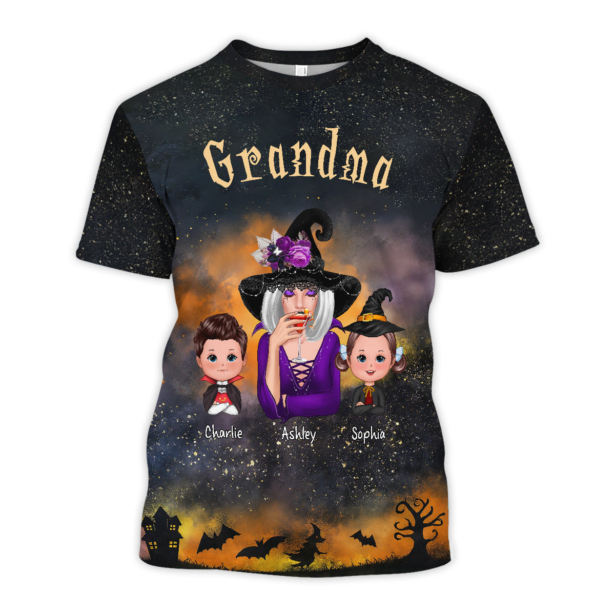 Grandma & Kids Witchy Ombre Tie-Dye Pattern Personalized Shirt Perfect Halloween Costume For Grandma