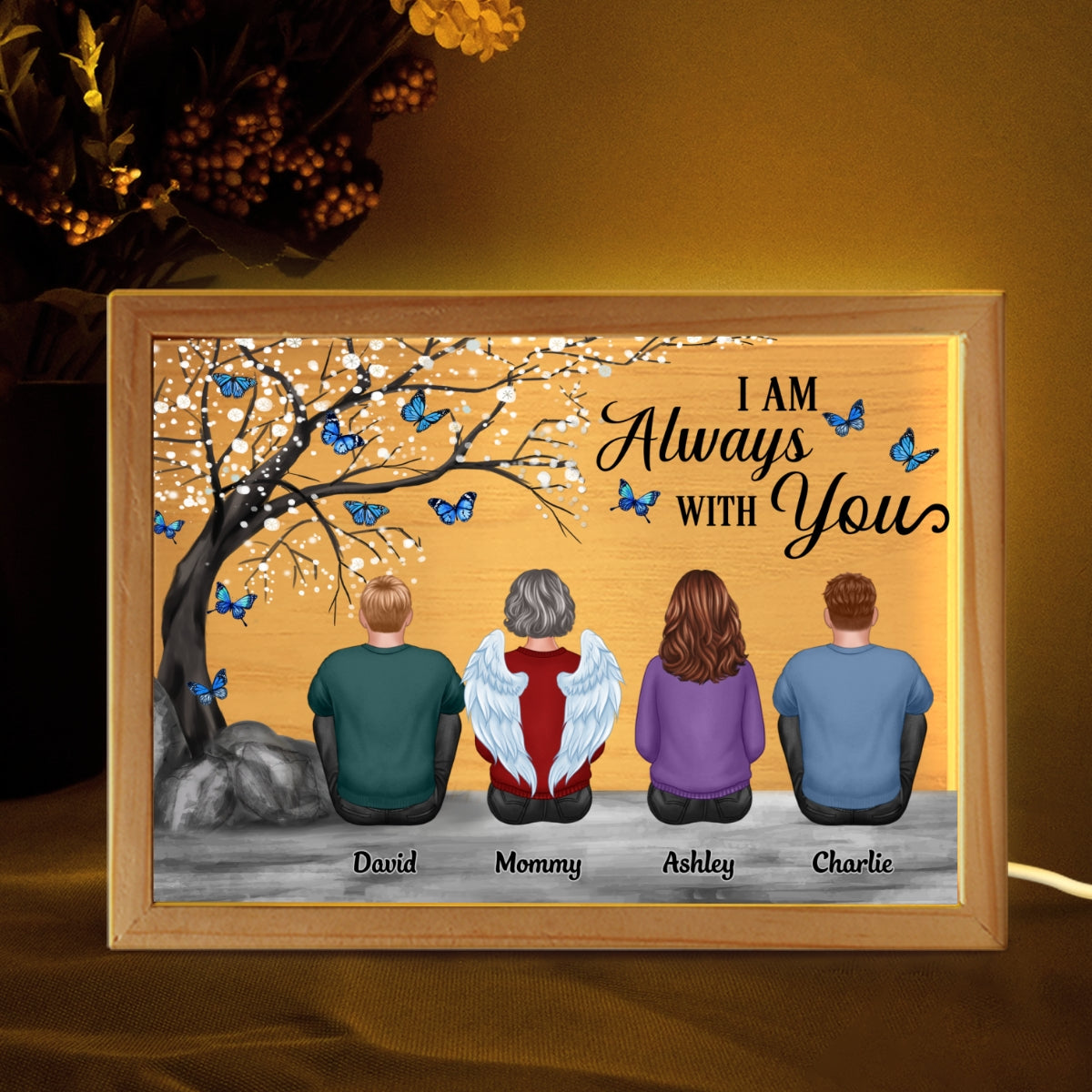 Always With You Family Dad Mom Kids Dogs Cats Blossom Tree Memorial Remembrance Sympathy Gift Personalized Wooden Frame Light Box