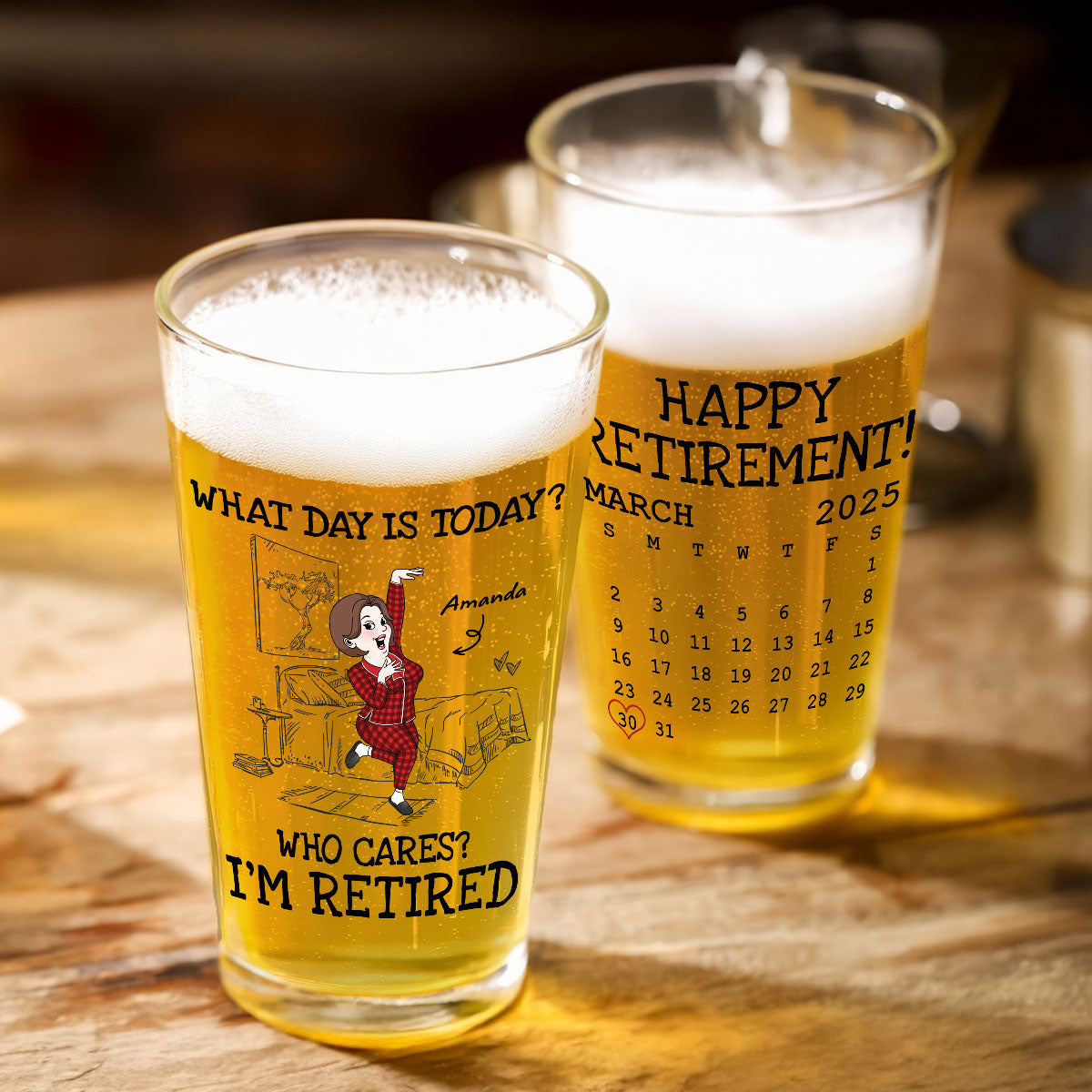 What Day Is Today Who Cares Funny Retired Old Man Woman Custom Calendar Personalized Beer Glass, Retirement Gift